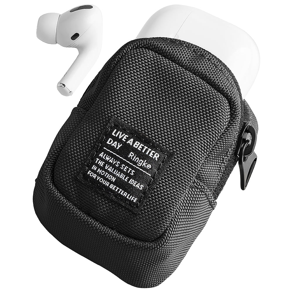 Mini Pouch | Block - Black fabric mini pouch holding white wireless earbuds with a branded label on the front.