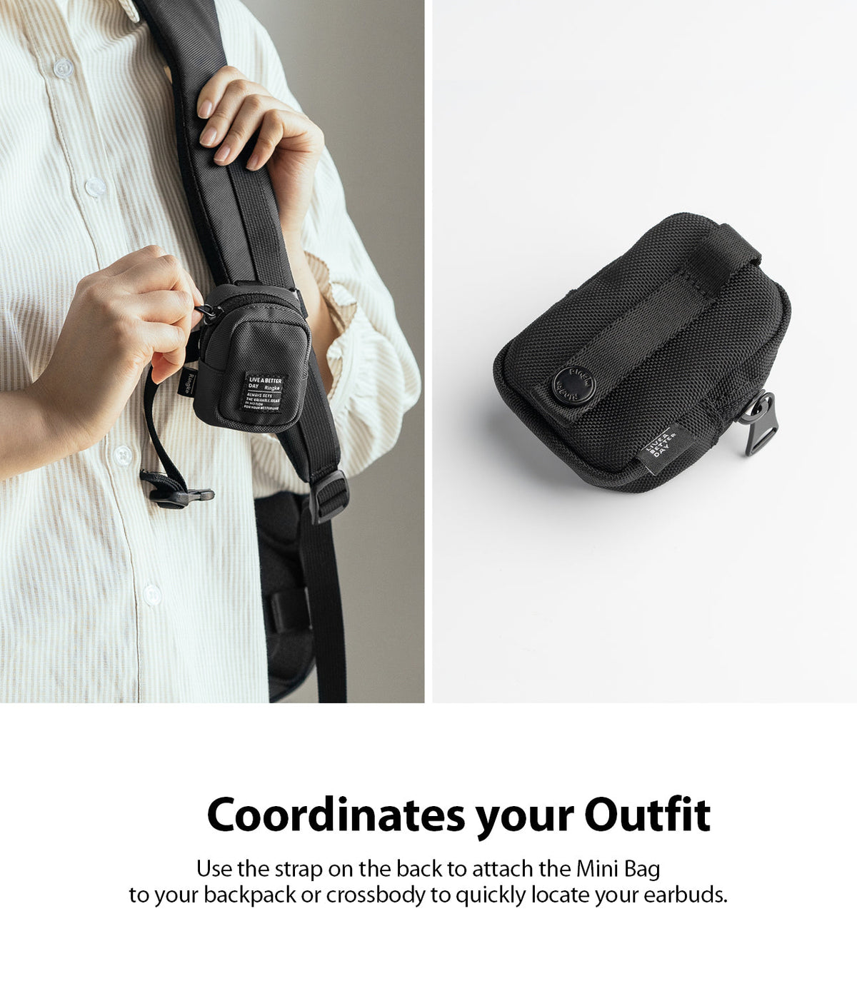 Mini Pouch | Block - Black mini pouch attached to a backpack strap and shown isolated on a white background.