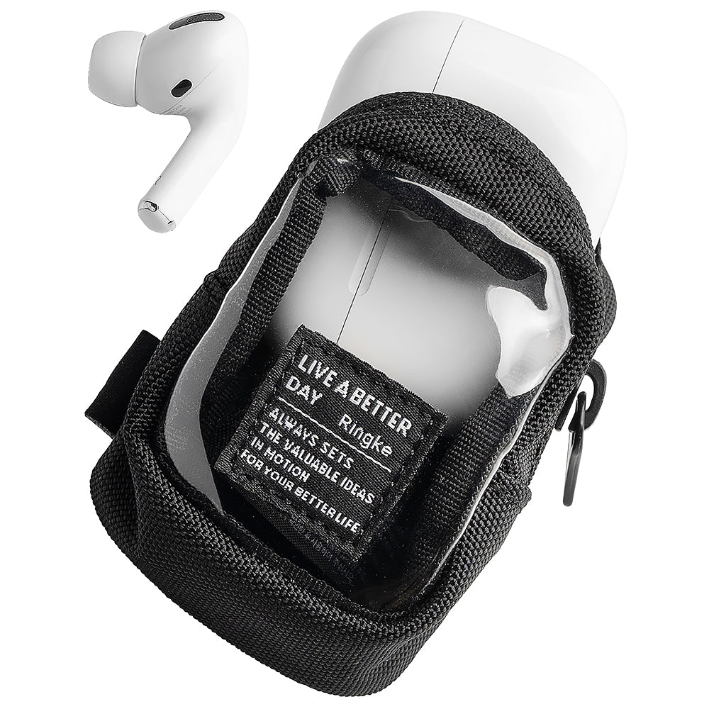 Mini Pouch | Block - Black fabric mini pouch with a clear window and text label, holding white wireless earbuds.