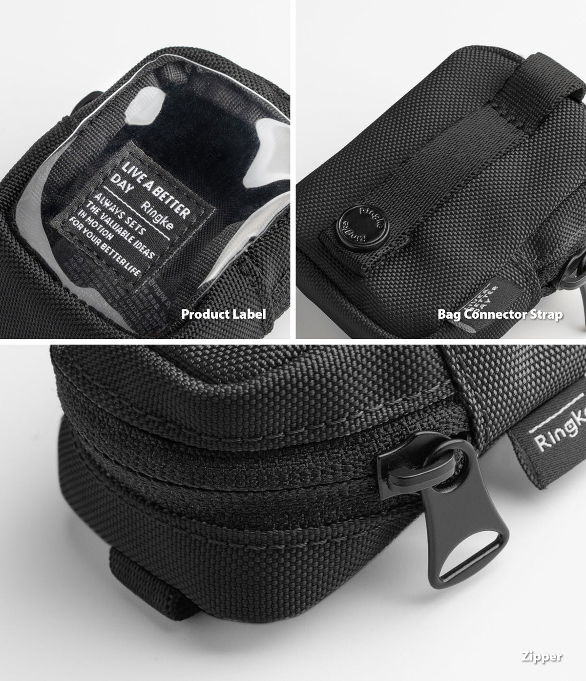 Mini Pouch | Block - Close-up views of a black pouch showing a clear window label, a connector strap, and a sturdy zipper.
