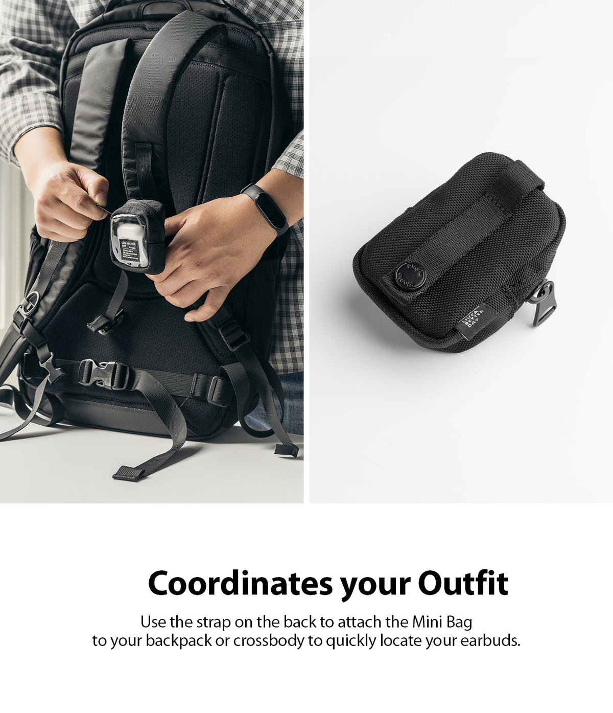 Mini Pouch | Block - A black mini pouch attached to a backpack strap, shown alongside a close-up of the pouch's textured fabric.