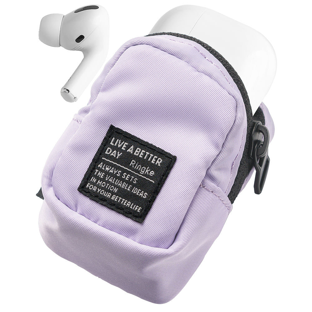Mini Pouch | Block - Lavender mini pouch with a black label holding white wireless earbuds against a white background.