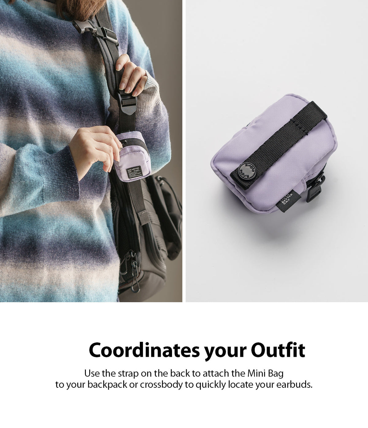 Mini Pouch | Block - A small lavender pouch attached to a backpack strap, shown both in use and isolated on a white background.