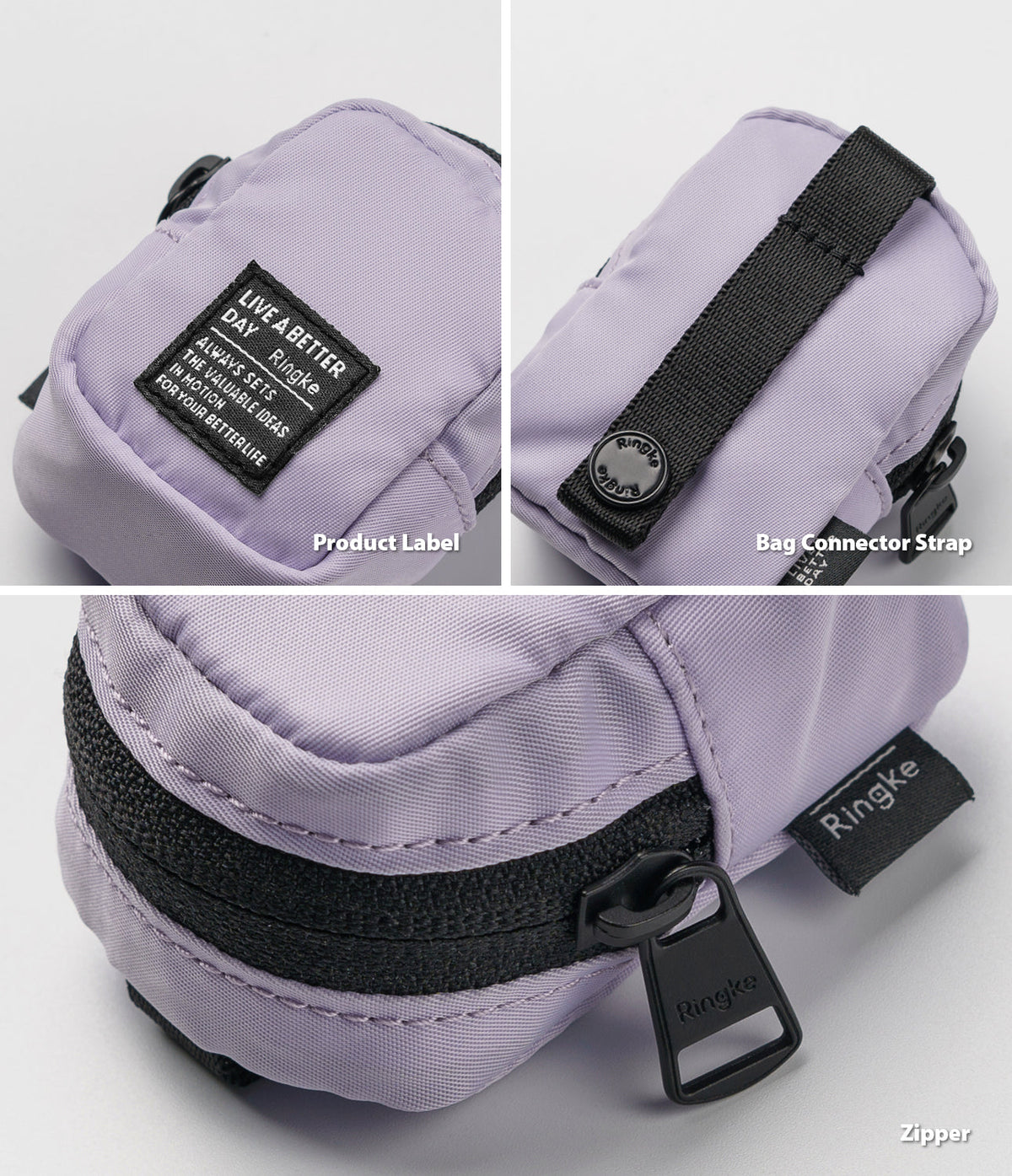 Mini Pouch | Block - Close-up of a lavender pouch showing the product label, black connector strap, and branded zipper.