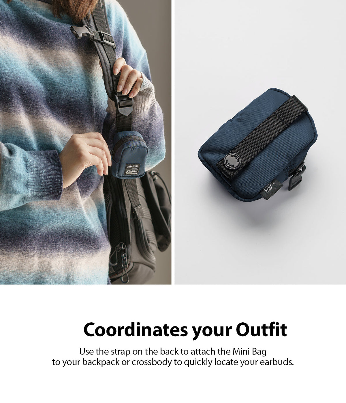 Mini Pouch | Block - A navy blue mini pouch attached to a backpack strap, shown both in use and isolated on a white background.