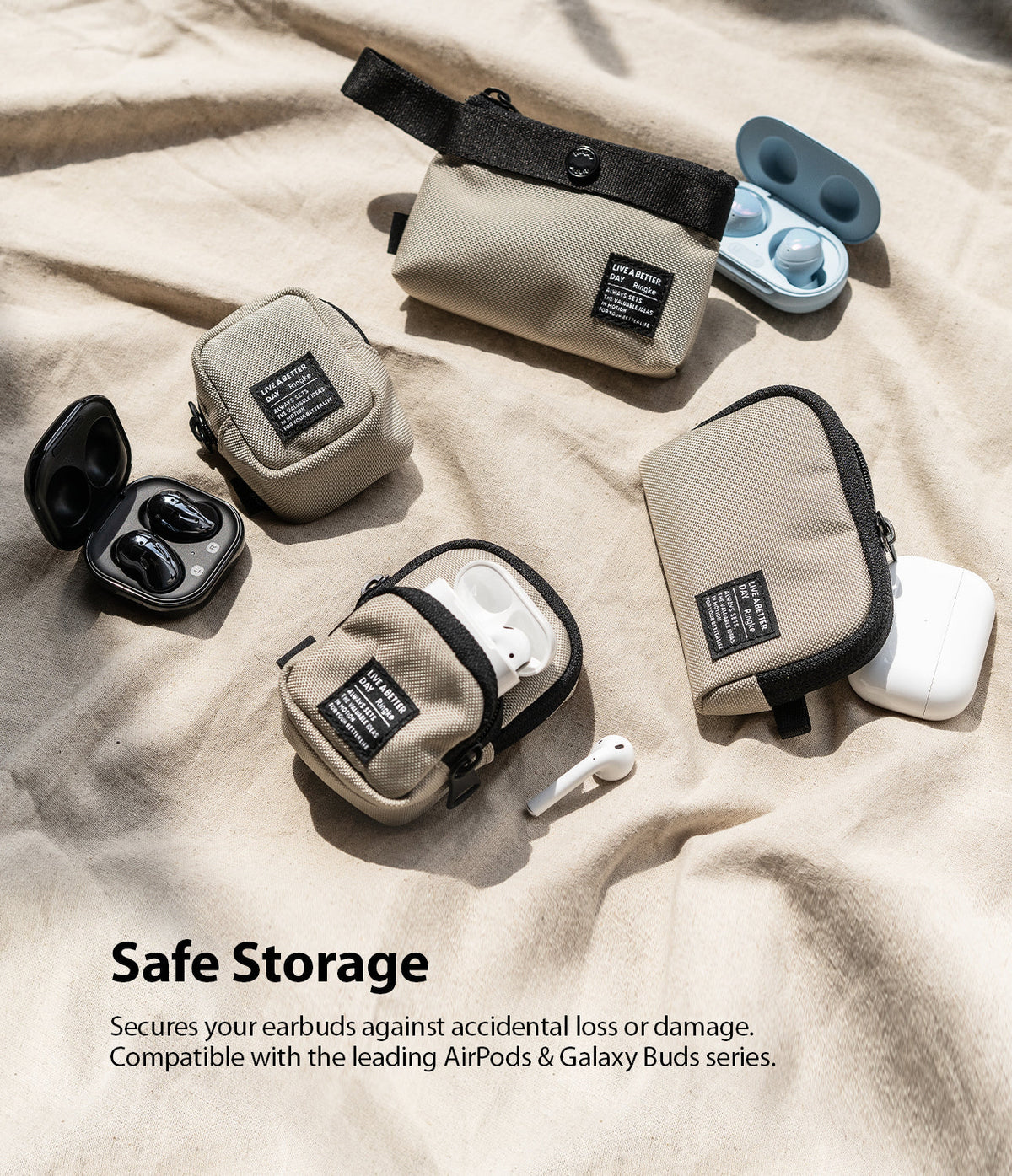Mini Pouch | Half-Pocket - Beige pouches holding various wireless earbud cases on a textured fabric background.
