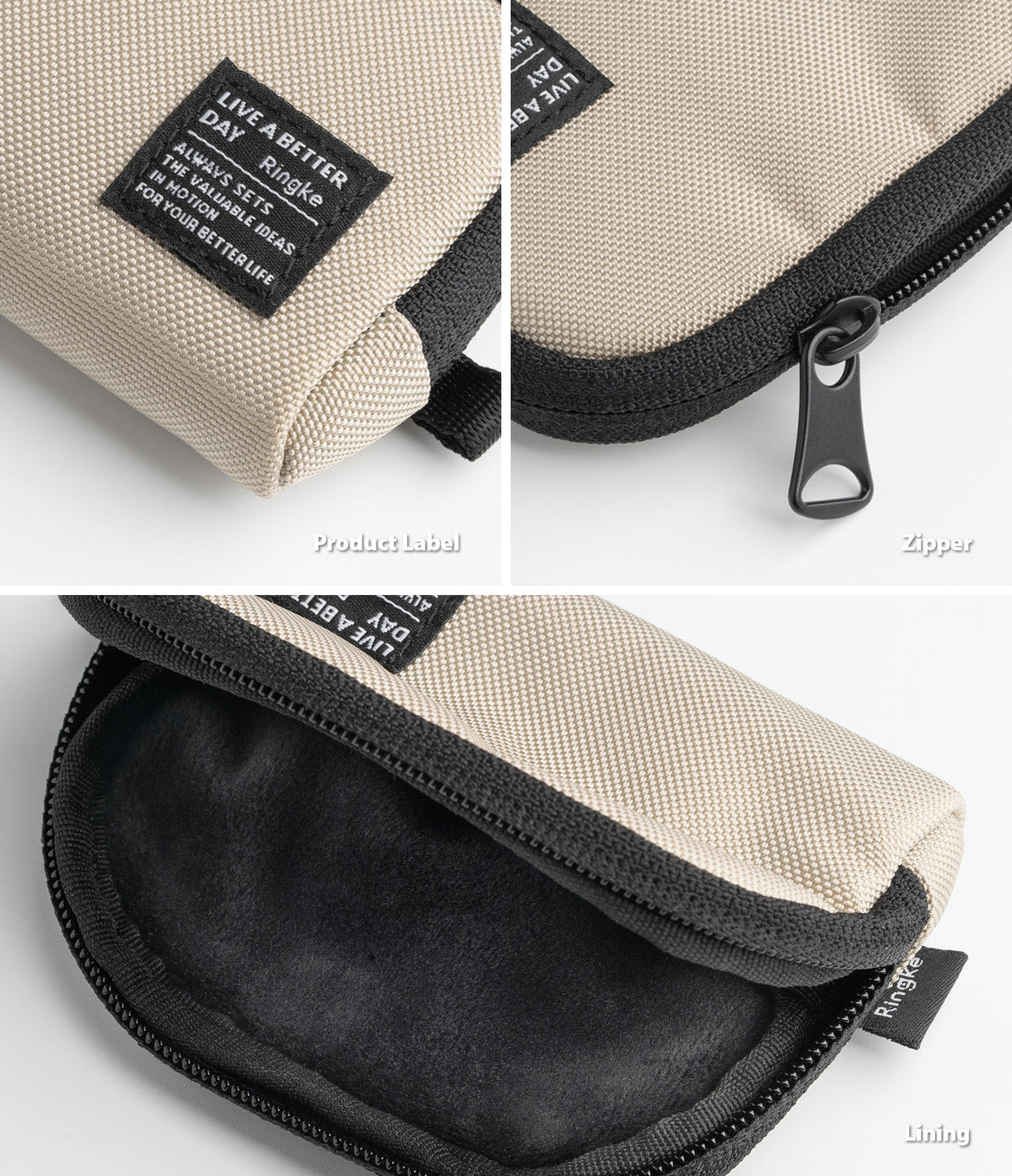 Mini Pouch | Half-Pocket - Close-up views of beige pouch showing branded label, black zipper pull, and soft black interior lining.