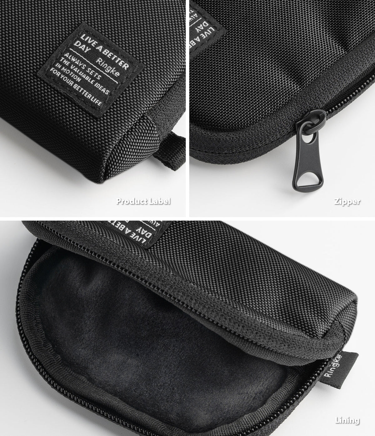 Mini Pouch | Half-Pocket - Close-ups of a black fabric pouch showing the branded label, zipper pull, and soft interior lining.