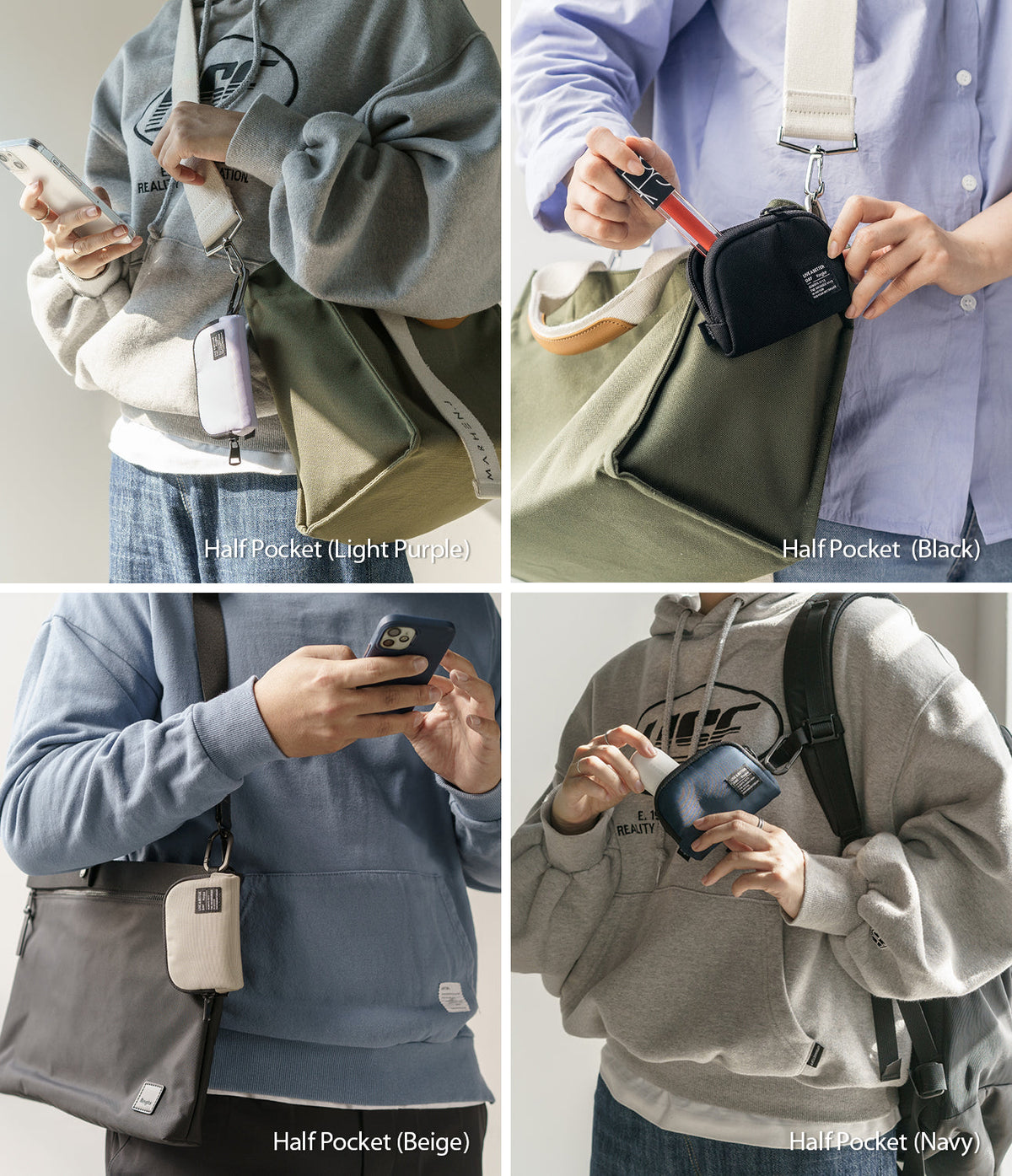 Mini Pouch | Half-Pocket - Four views of small pouches in light purple, black, beige, and navy clipped to various bags.