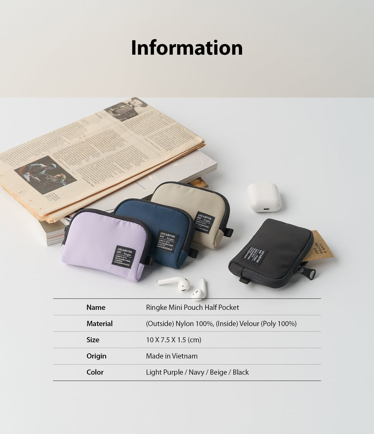 Mini Pouch | Half-Pocket - Four small zippered pouches in purple, navy, beige, and black arranged on a table with a newspaper.