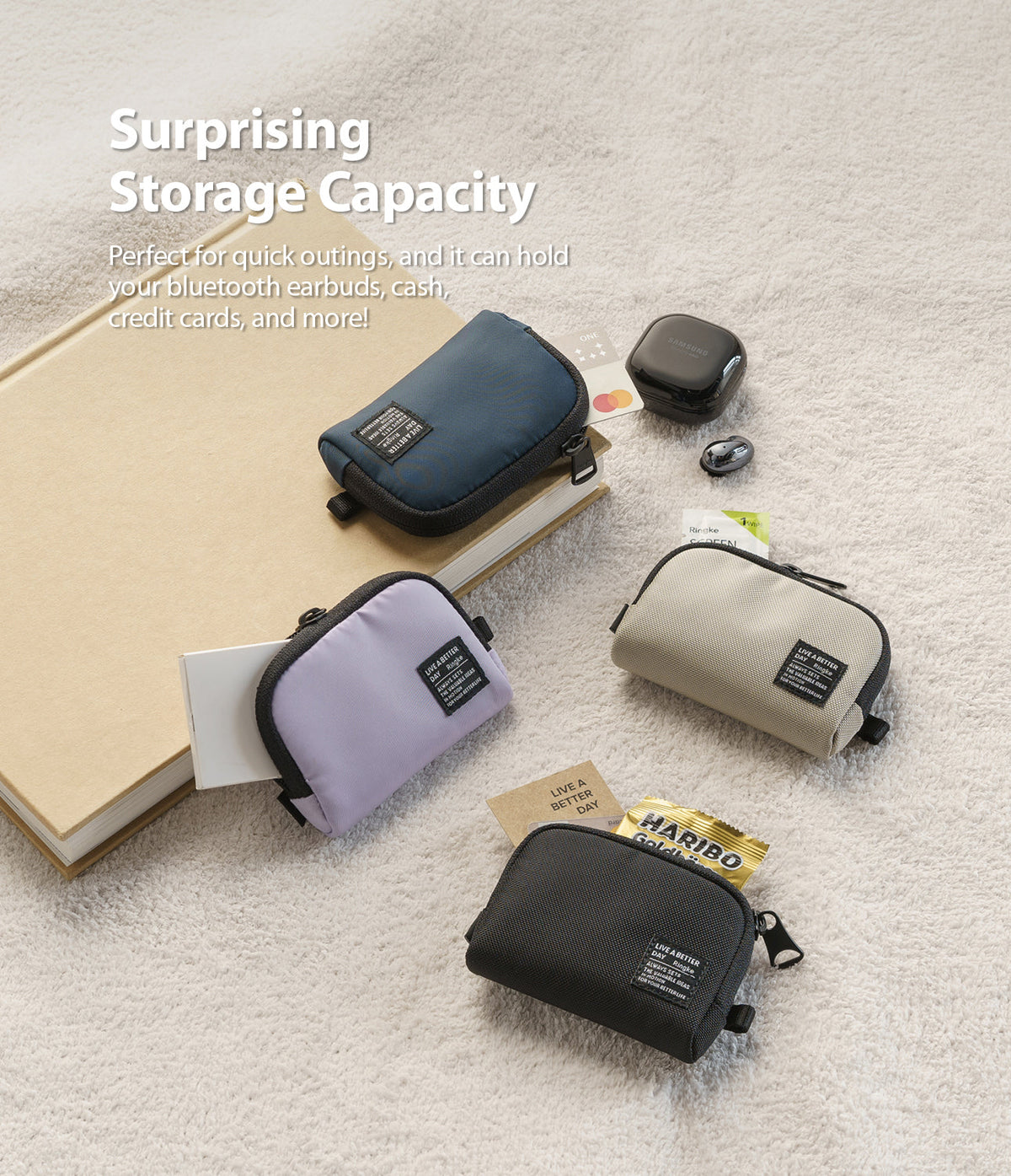 Mini Pouch | Half-Pocket - Four small zippered pouches in blue, purple, beige, and black holding cards, earbuds, and snacks.