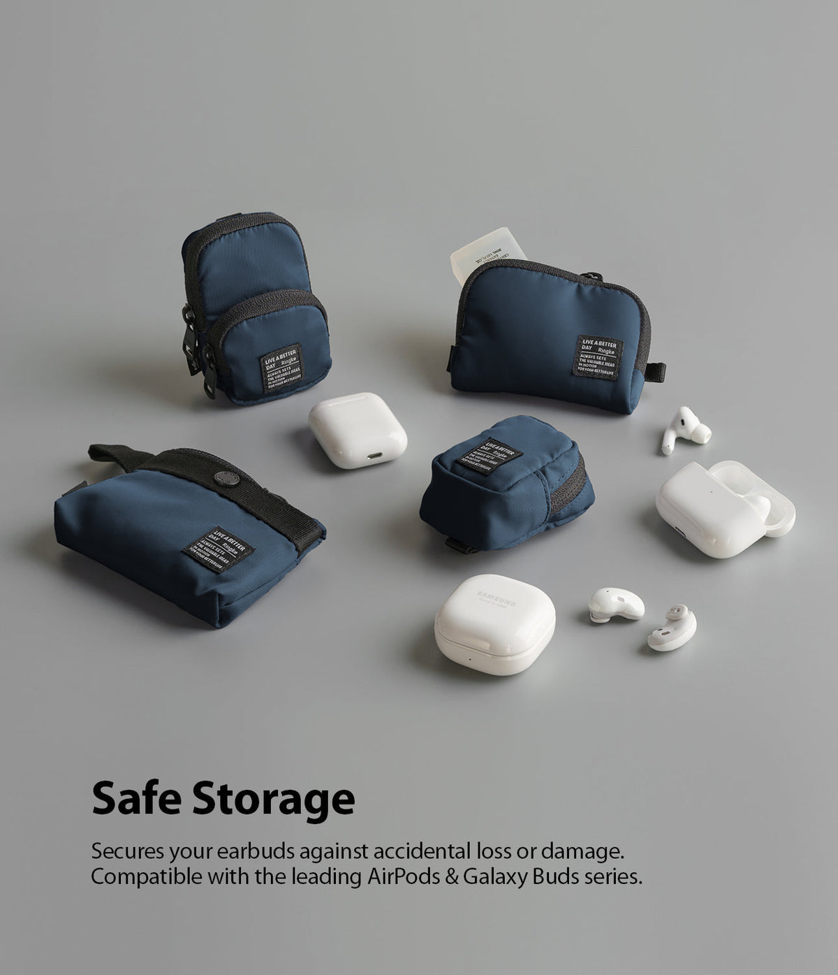 Mini Pouch | Half-Pocket - Navy blue storage pouches arranged with various white wireless earbud cases on a gray surface.