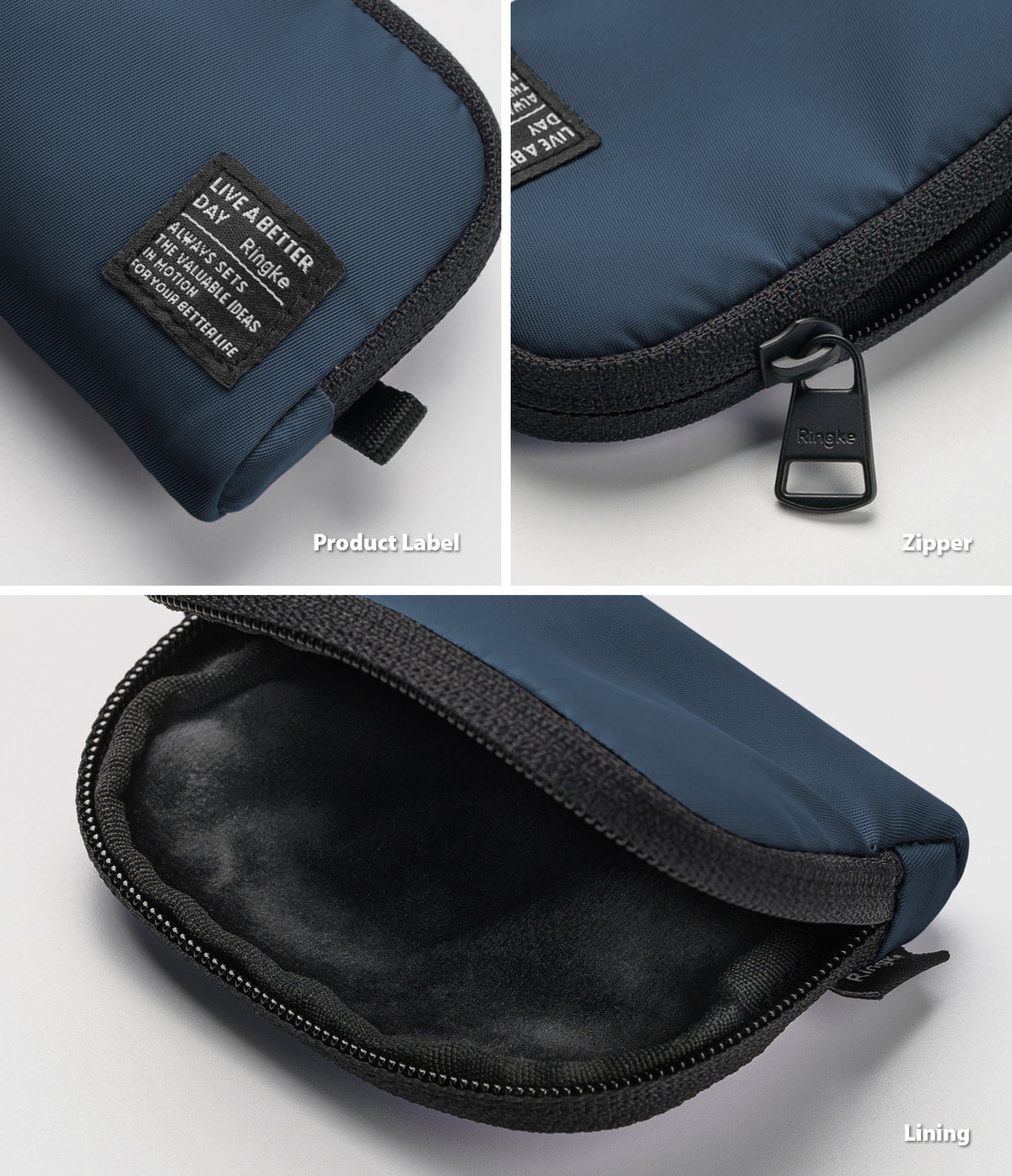 Mini Pouch | Half-Pocket - Navy blue pouch details showing a branded fabric label, a black zipper pull, and soft lining.