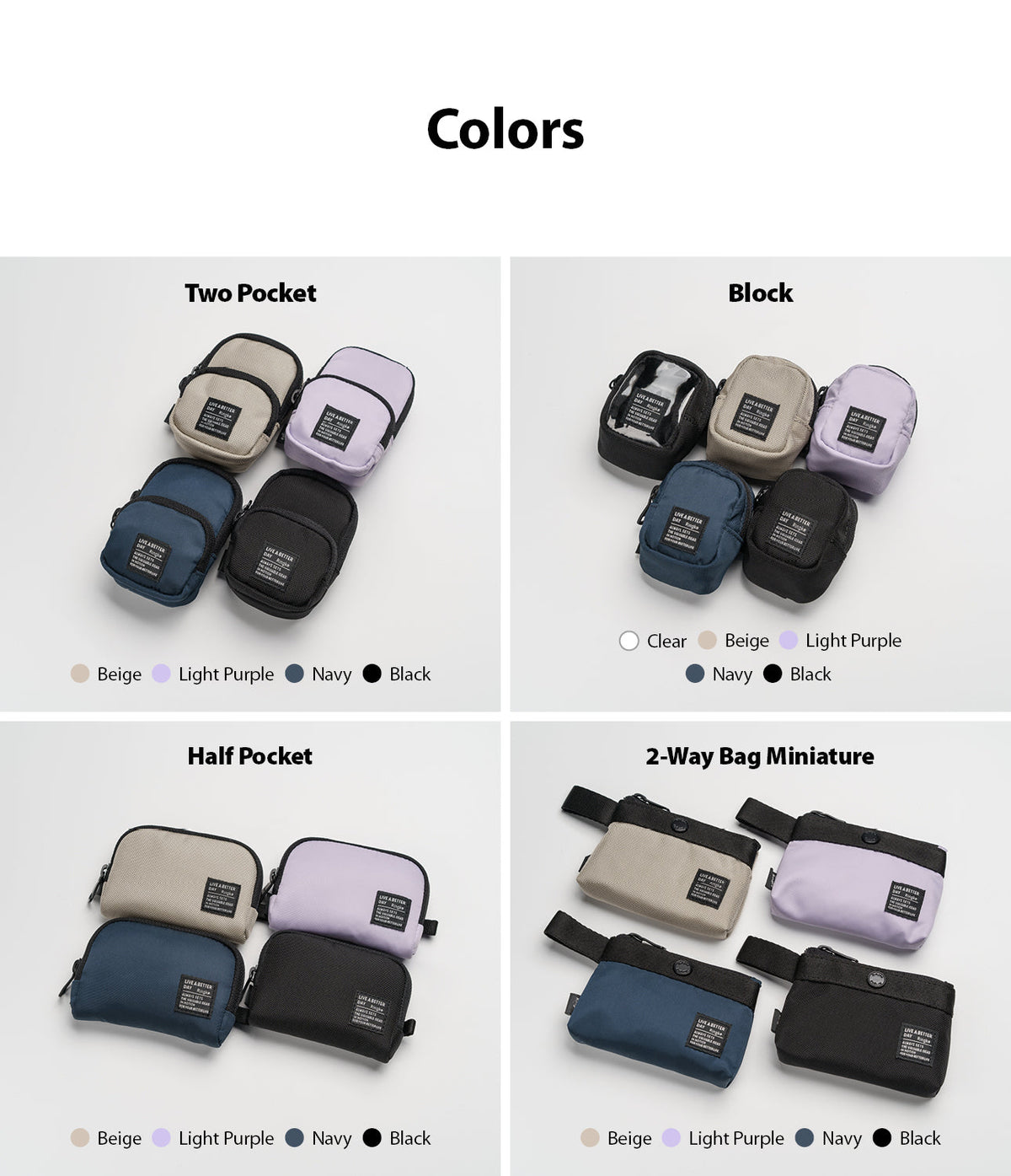 Mini Pouch | Half-Pocket - Four grids showing various mini pouch styles in beige, purple, navy, and black color options.