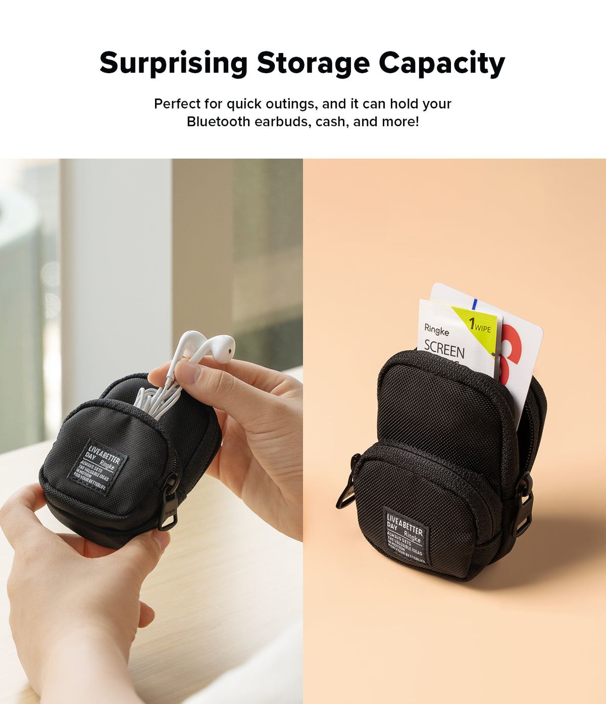 Mini Pouch | Block - A small black pouch holding wired earbuds, a screen wipe, and a card against a split-tone background.