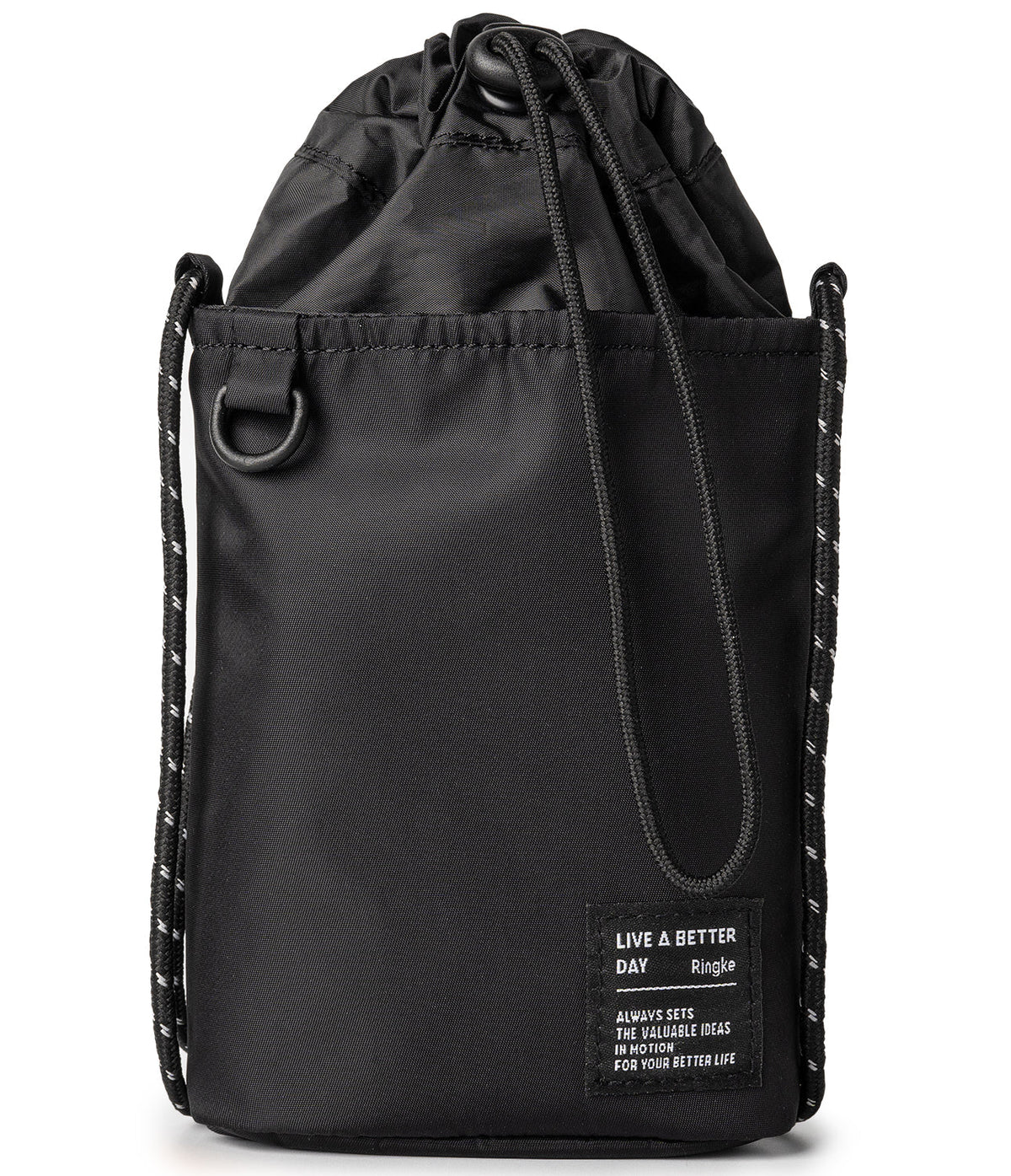 Mini Cross Bag | Bucket Bag - Black drawstring bucket bag with a white-speckled rope strap and a branded fabric patch.