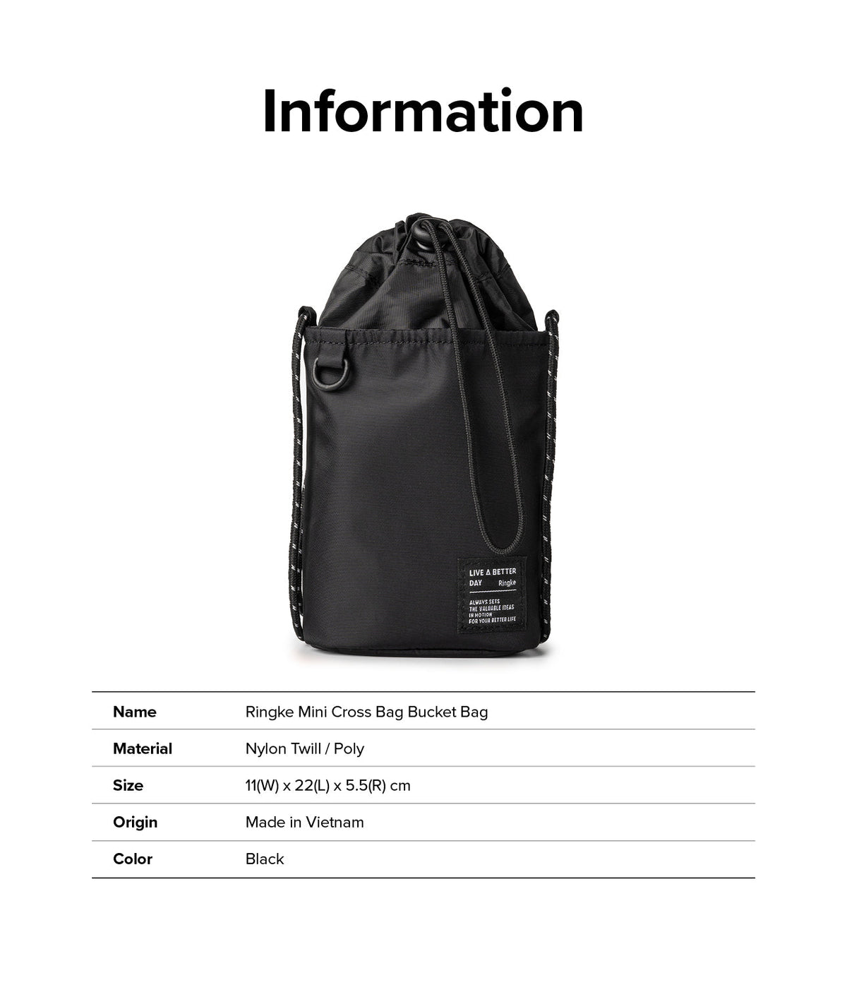 Mini Cross Bag | Bucket Bag - Black nylon drawstring bucket bag with a small branded patch and adjustable rope strap.