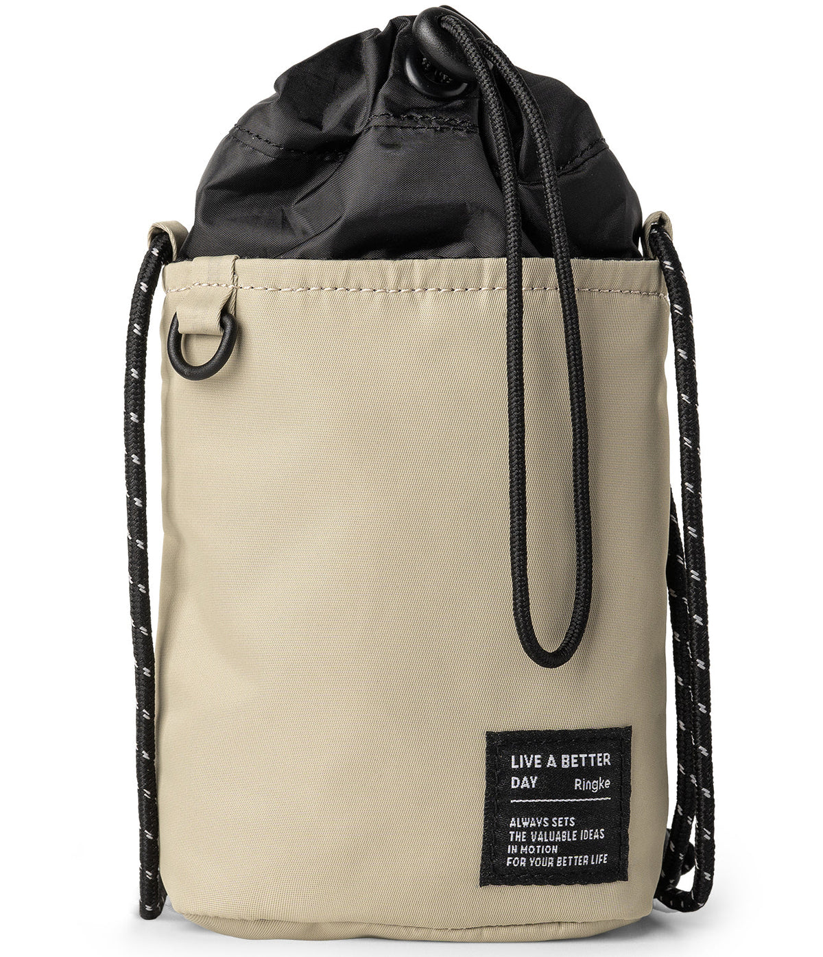 Mini Cross Bag | Bucket Bag - Beige cylindrical bucket bag with black drawstring closure and black rope shoulder straps.
