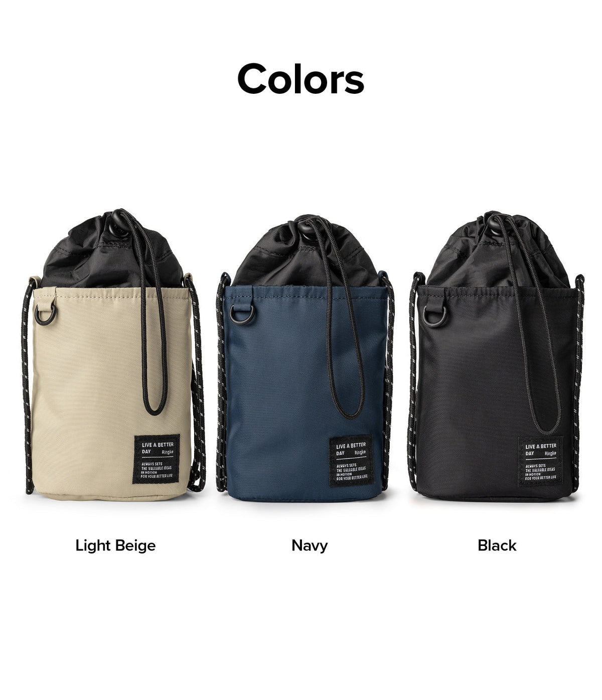 Mini Cross Bag | Bucket Bag - Three drawstring bucket bags in light beige, navy, and black with branded labels.