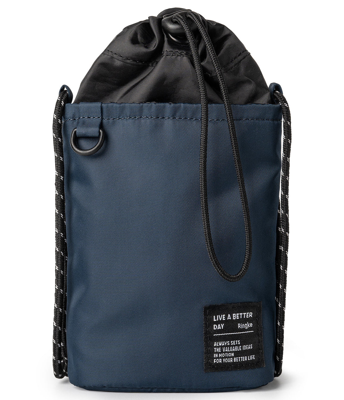 Mini Cross Bag | Bucket Bag - Navy blue drawstring bucket bag with black rope straps and a branded rectangular patch.