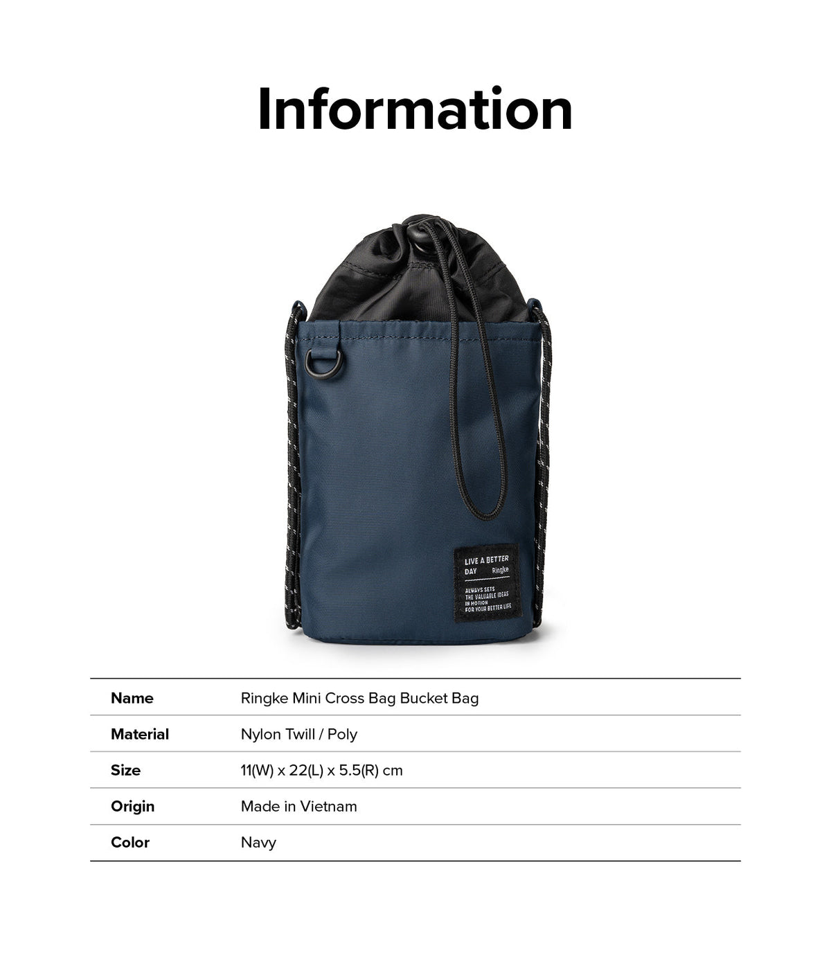 Mini Cross Bag | Bucket Bag - Navy blue drawstring bucket bag with black rope straps and a small branded patch.