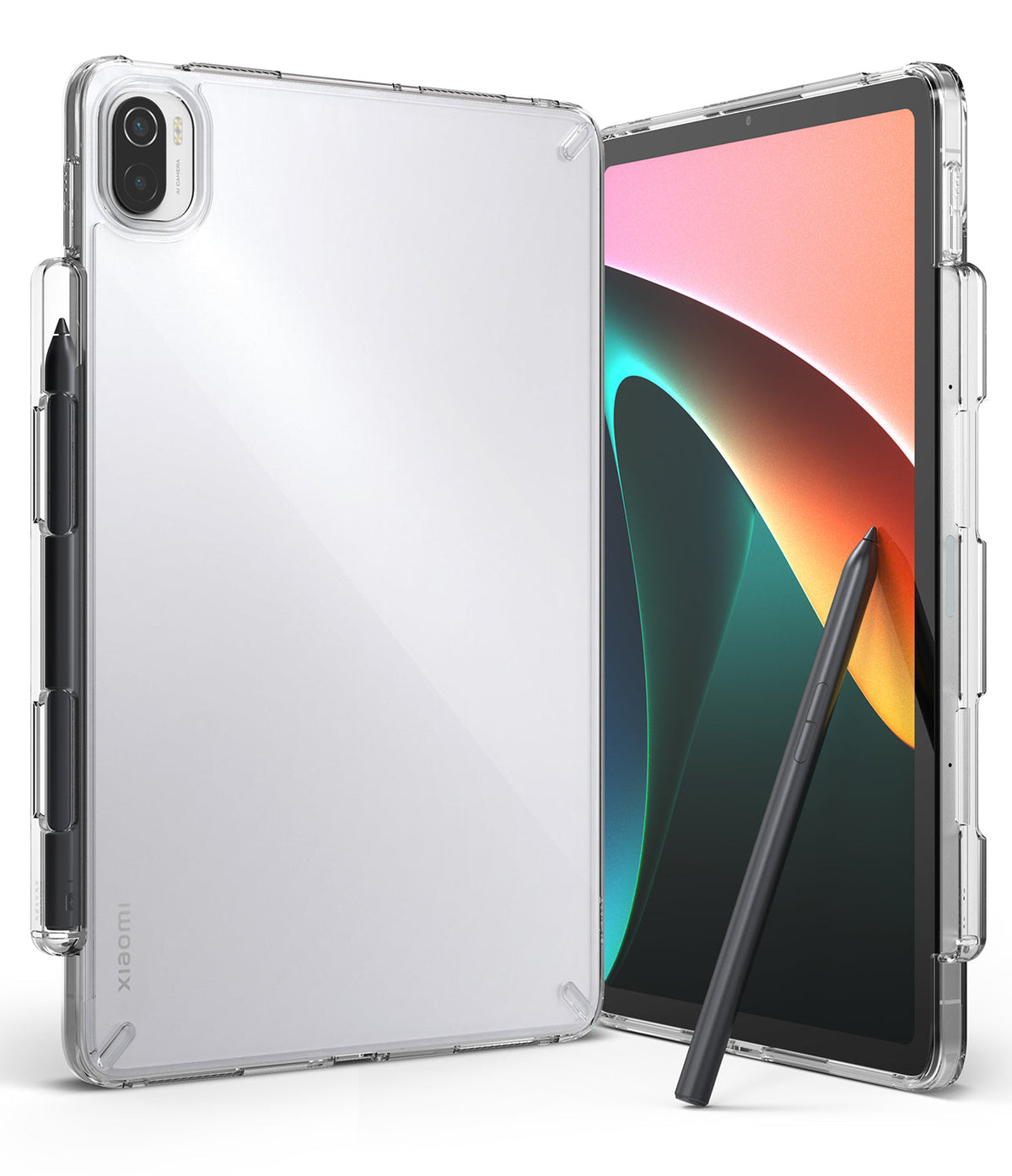 Xiaomi Pad 5 / 5 Pro | Fusion - Clear protective case on a tablet with a stylus attached to the side.