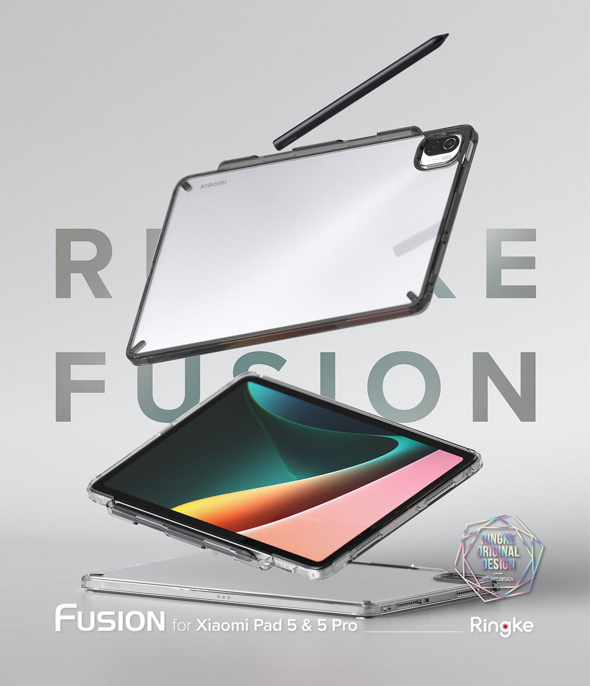Xiaomi Pad 5 / 5 Pro | Fusion - Xiaomi tablet in a clear Fusion case with a stylus, floating against a grey background.