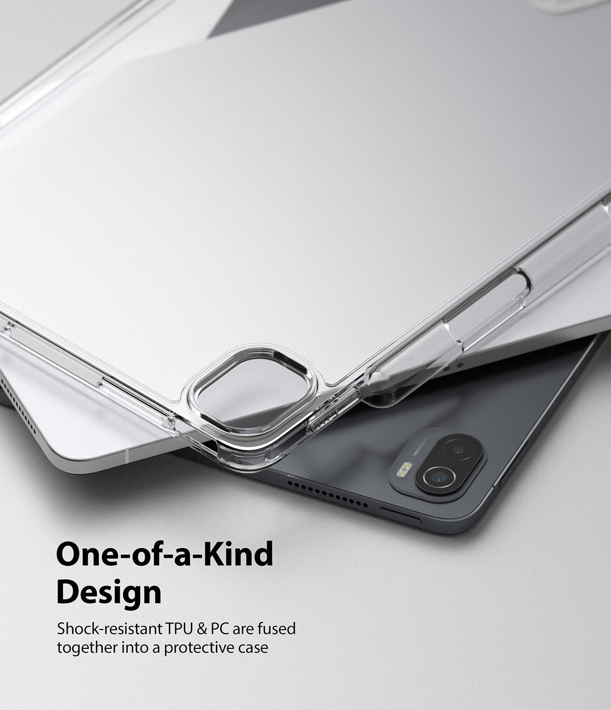 Xiaomi Pad 5 / 5 Pro | Fusion - Clear protective case resting on a silver and dark gray tablet, highlighting camera cutout.
