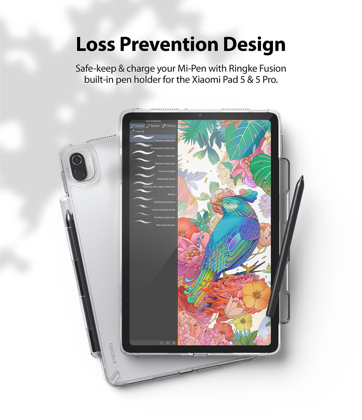 Xiaomi Pad 5 / 5 Pro | Fusion - Tablet in clear case with built-in stylus holder and pen on white background.