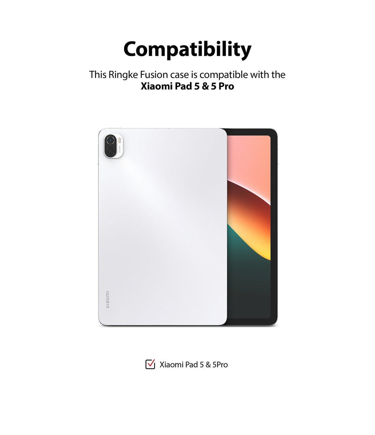 Xiaomi Pad 5 / 5 Pro | Fusion - A white tablet case shown on a Xiaomi Pad 5, with text confirming model compatibility.