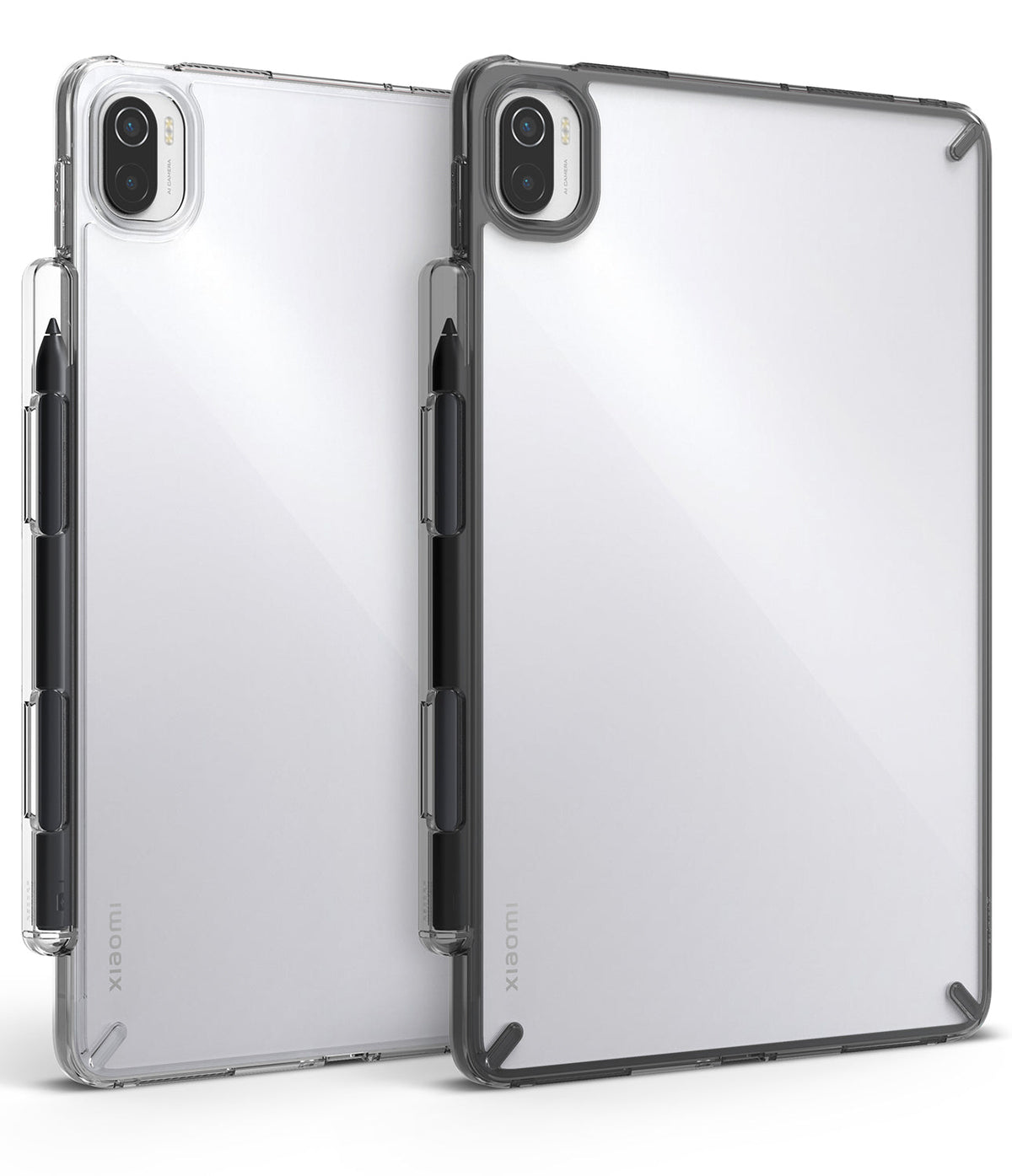 Xiaomi Pad 5 / 5 Pro | Fusion - Two clear protective tablet cases with stylus holders, one transparent and one matte black.