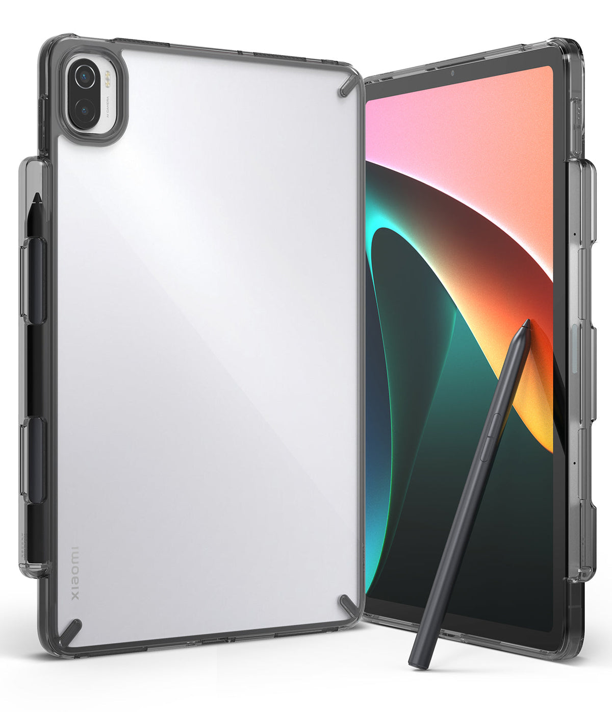 Xiaomi Pad 5 / 5 Pro | Fusion - Clear protective case on a tablet with a stylus pen and abstract screen wallpaper.