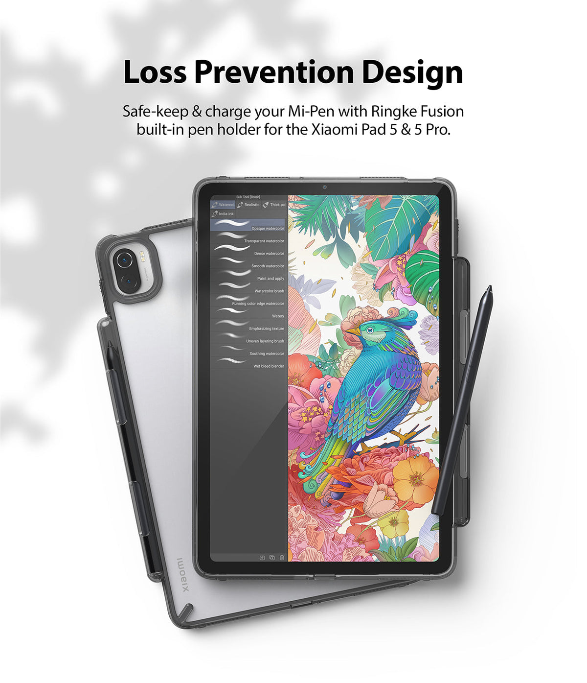 Xiaomi Pad 5 / 5 Pro | Fusion - Tablet in a clear case with a stylus holder, displaying a colorful bird illustration.