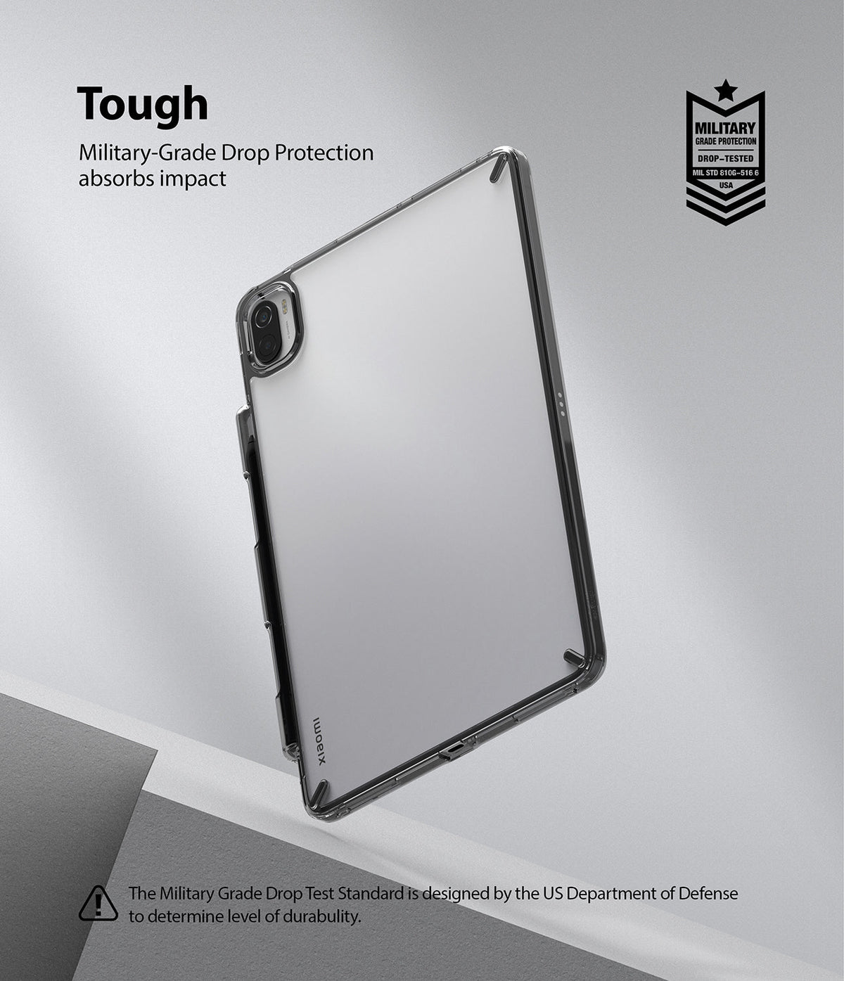 Xiaomi Pad 5 / 5 Pro | Fusion - A tablet in a clear protective case with a military-grade drop protection badge.