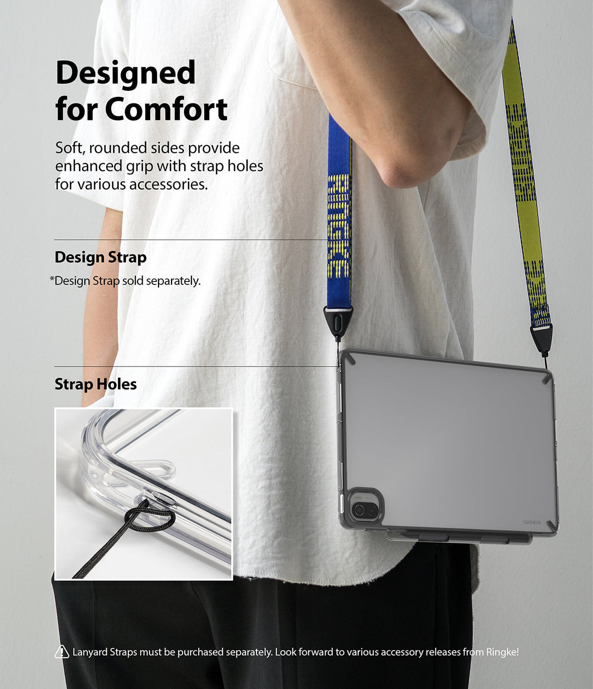 Xiaomi Pad 5 / 5 Pro | Fusion - Tablet in a clear case with a colorful shoulder strap and close-up of the strap hole.