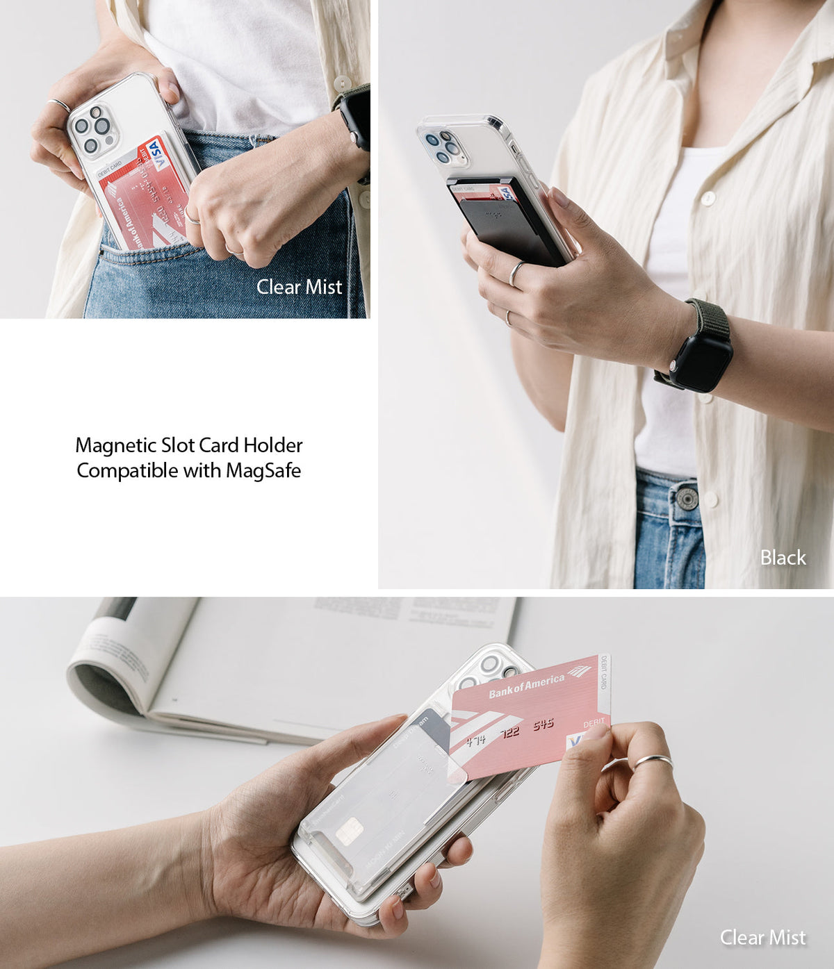 Card Holder | Magnetic Slot - Three views showing a MagSafe card holder in clear and black attached to a smartphone.