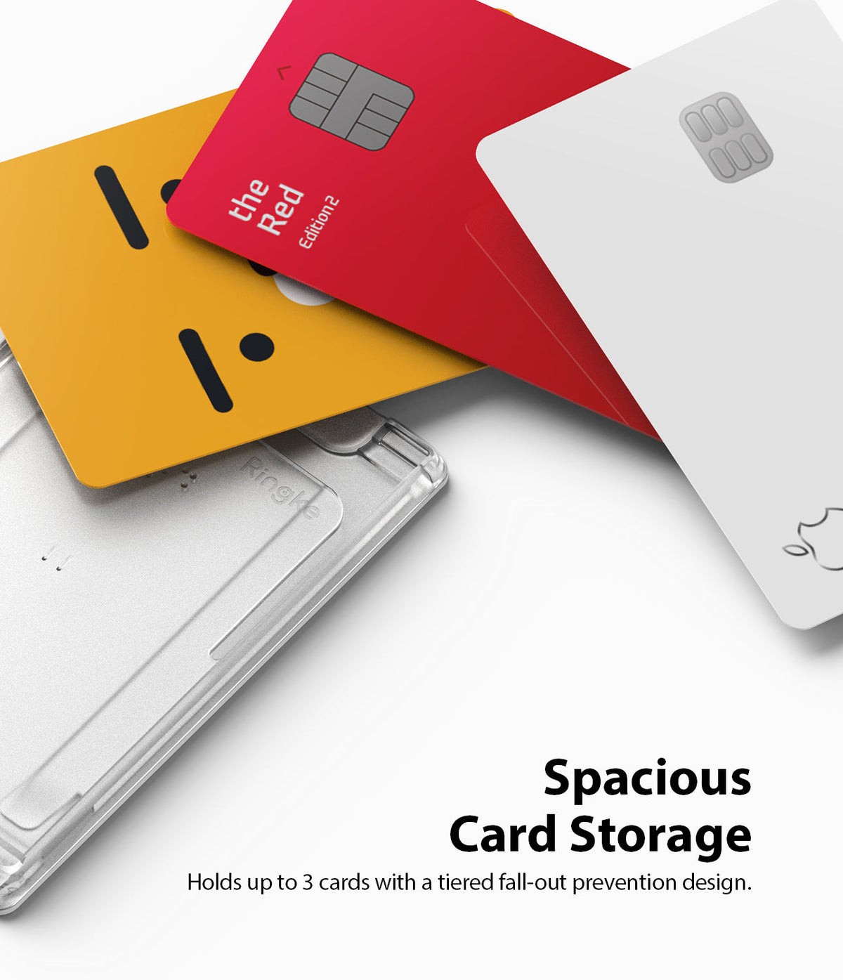 Card Holder | Magnetic Slot - A clear magnetic card holder fanning out three credit cards in yellow, red, and white.