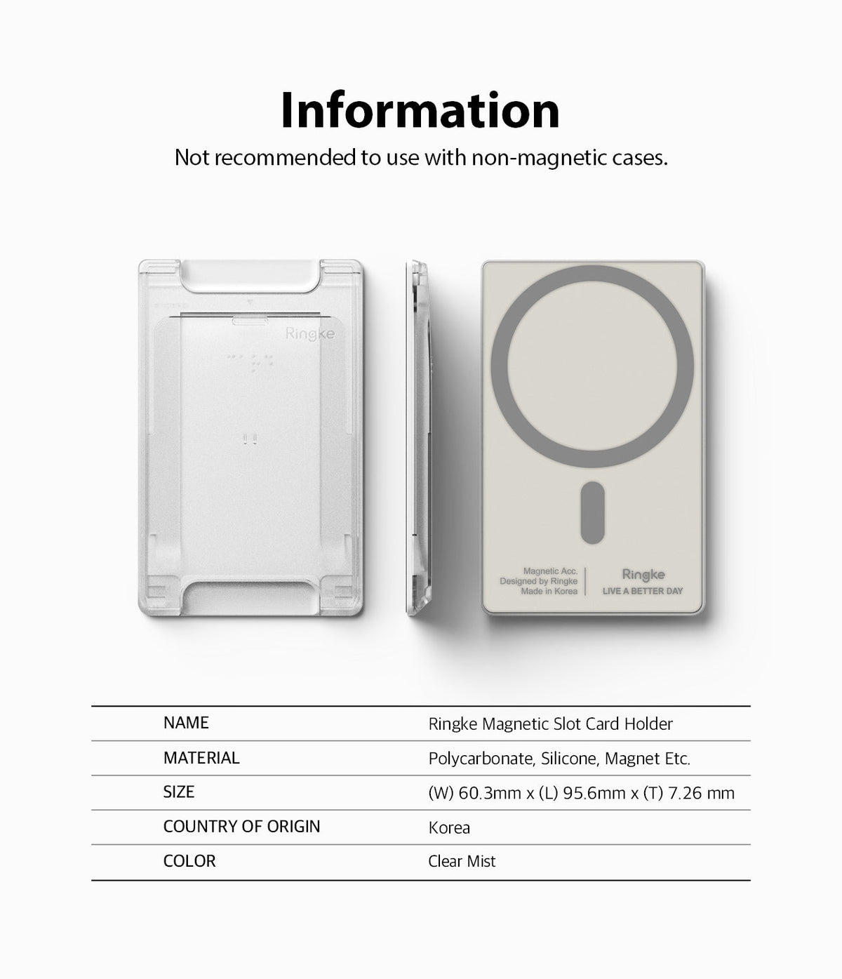 Card Holder | Magnetic Slot - Front, side, and back views of a clear magnetic card holder with product specifications below.