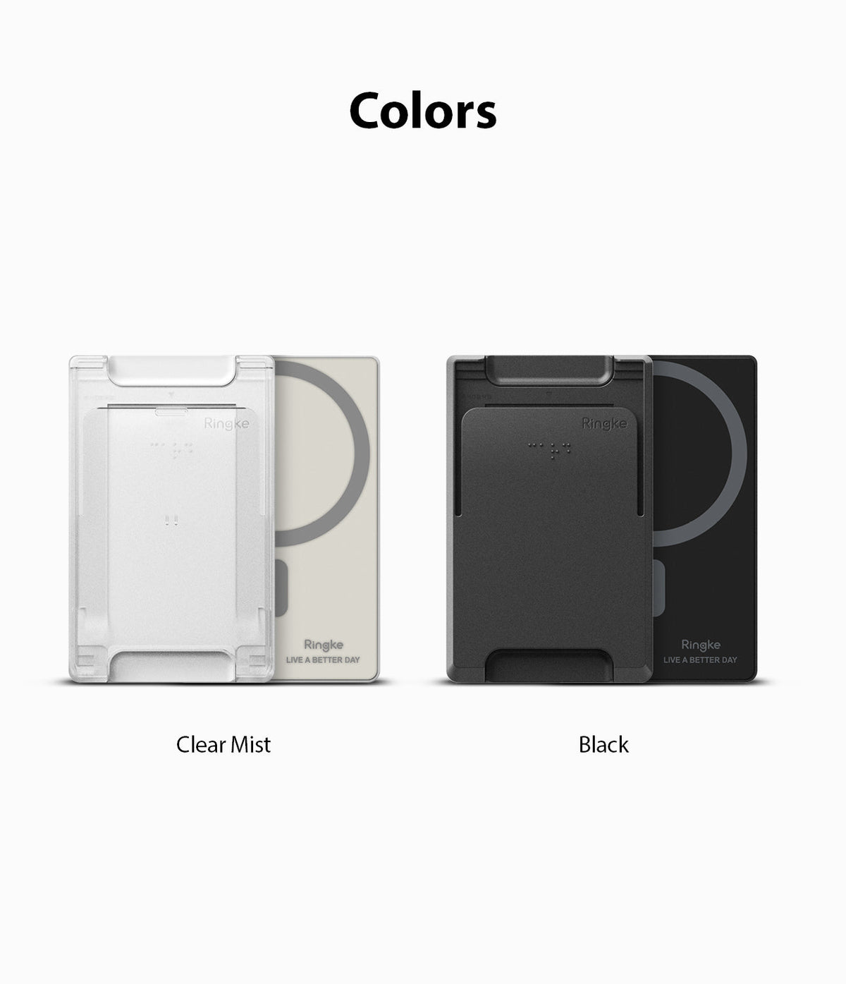 Card Holder | Magnetic Slot - Clear Mist and Black magnetic card holders shown side-by-side with Ringke branding.