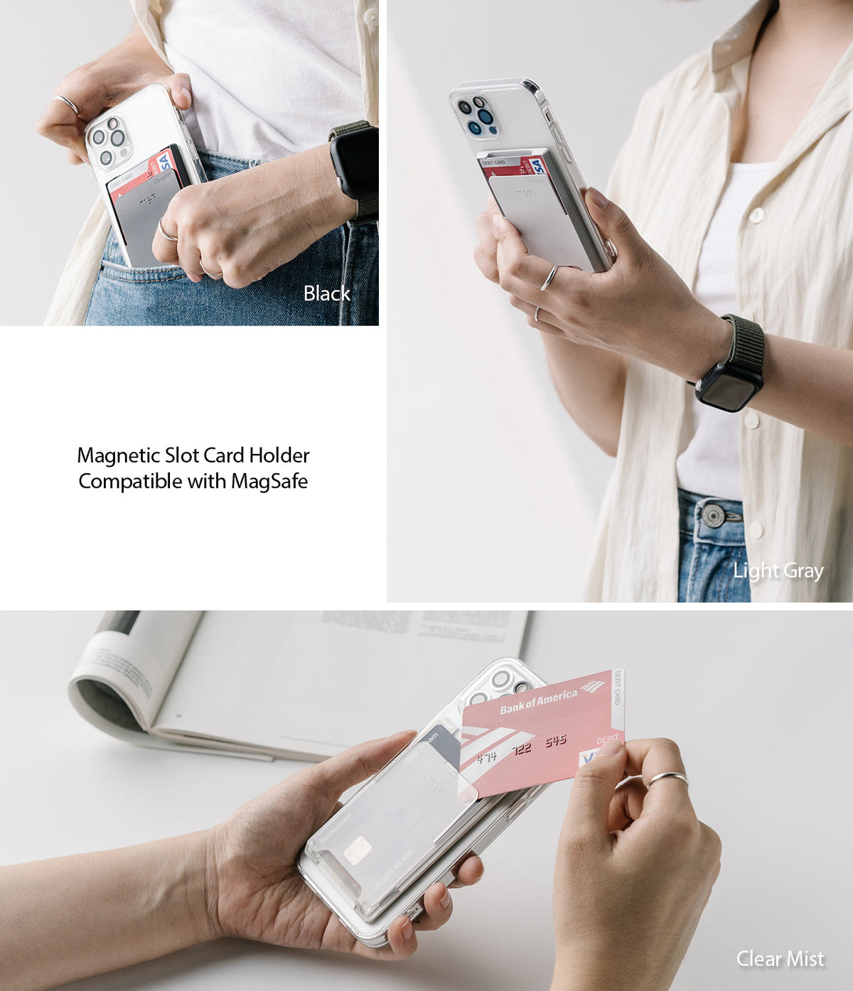 Card Holder | Magnetic Slot - Three views of a magnetic phone card holder in black, light gray, and clear mist holding bank cards.
