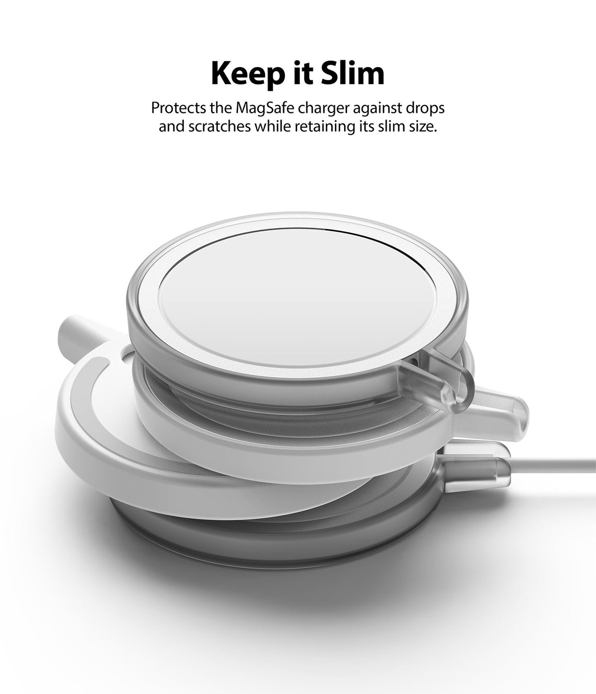 MagSafe Charger Case | Slim - A clear protective case fitted over a white MagSafe charger with a charging cable extending out.