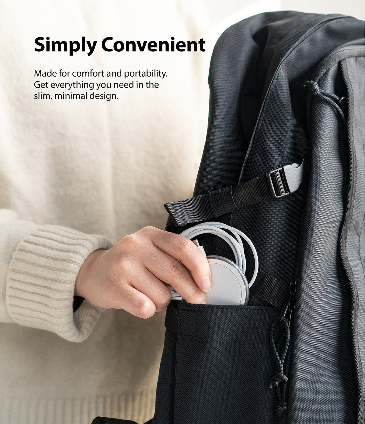 MagSafe Charger Case | Slim - A hand places a coiled MagSafe charger into the side pocket of a black backpack.