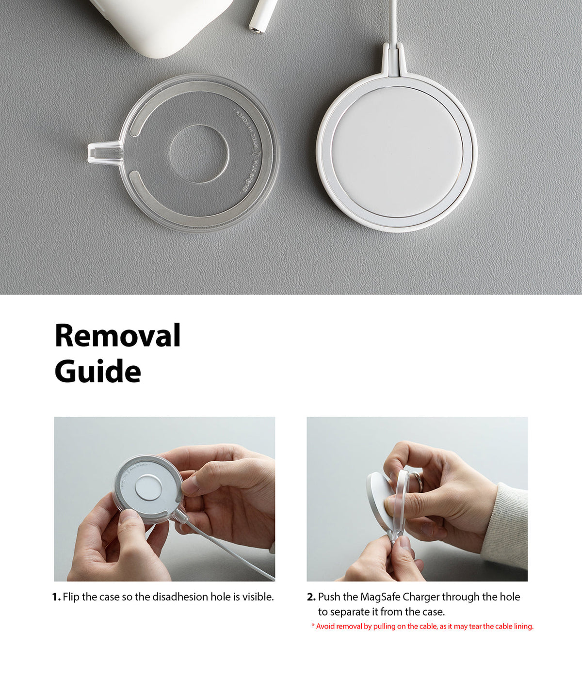 MagSafe Charger Case | Slim - Two-step instructional guide showing how to push a MagSafe charger out of its protective case.