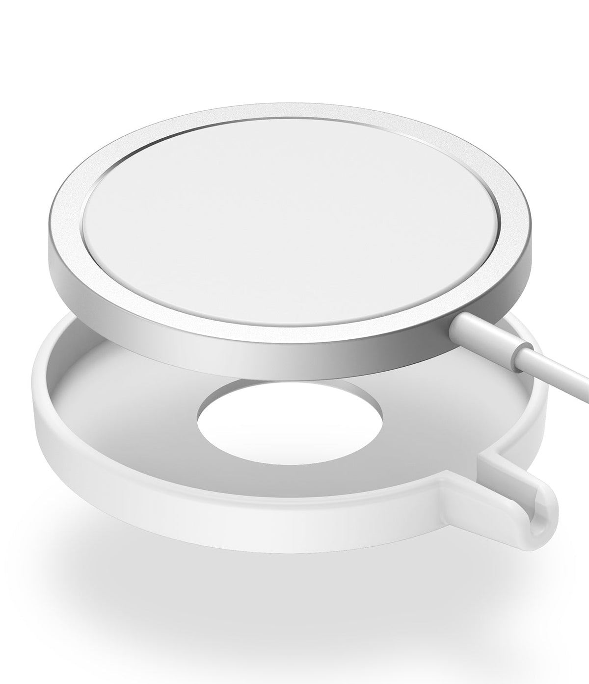 MagSafe Charger Case | Slim - A white circular MagSafe charger hovering above a matching slim white protective case.