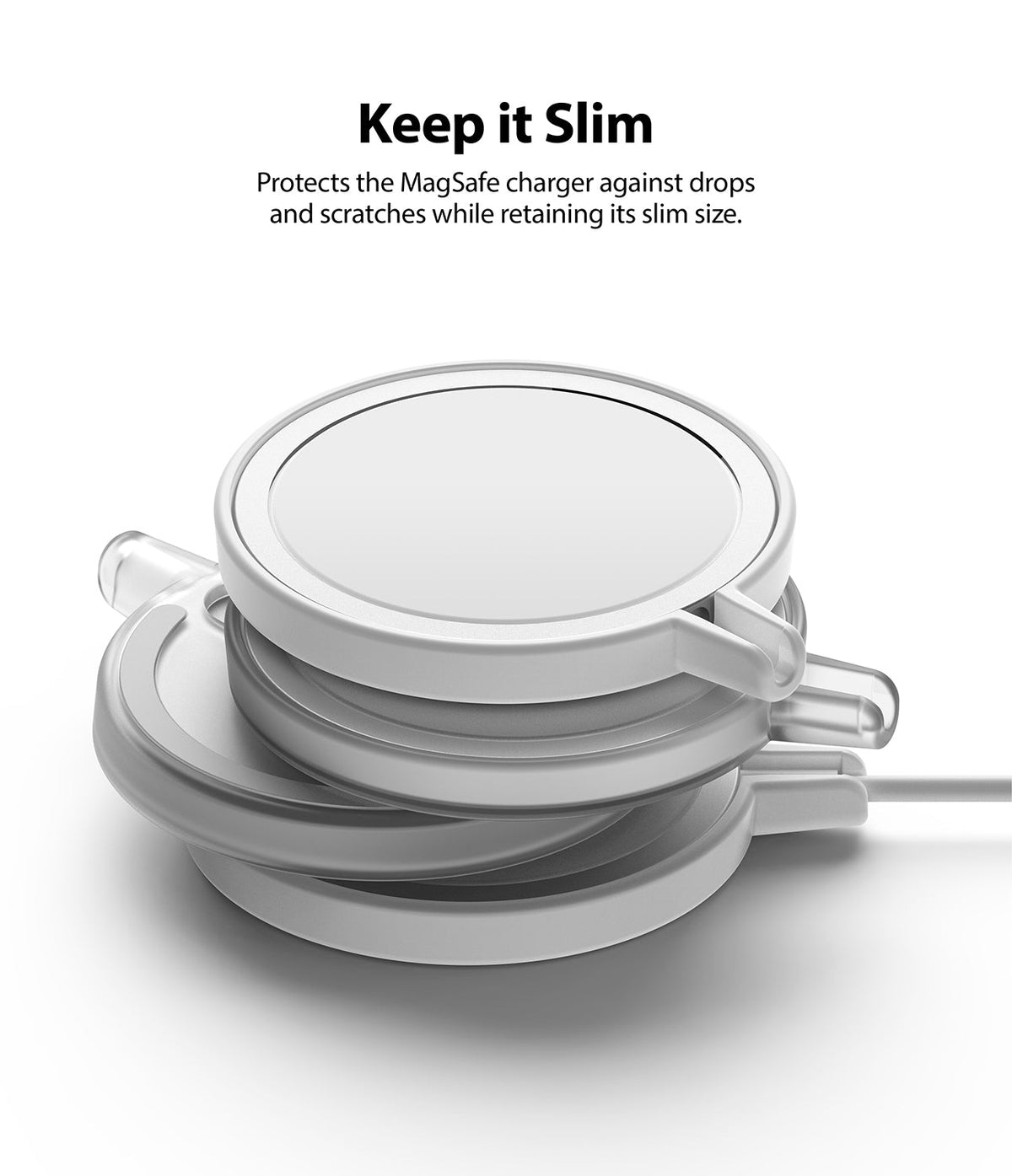 MagSafe Charger Case | Slim - A white protective case for a MagSafe charger, shown stacked to highlight its slim profile.