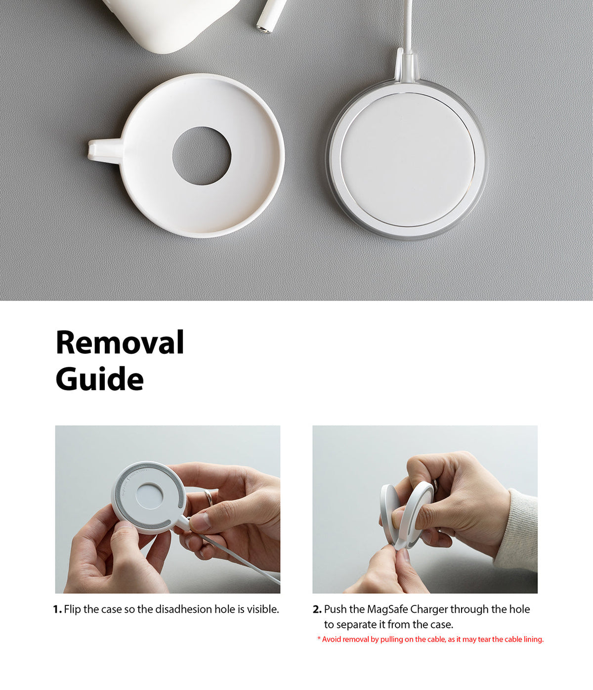 MagSafe Charger Case | Slim - Two-step instructional guide showing how to push a MagSafe charger out of its silicone case.