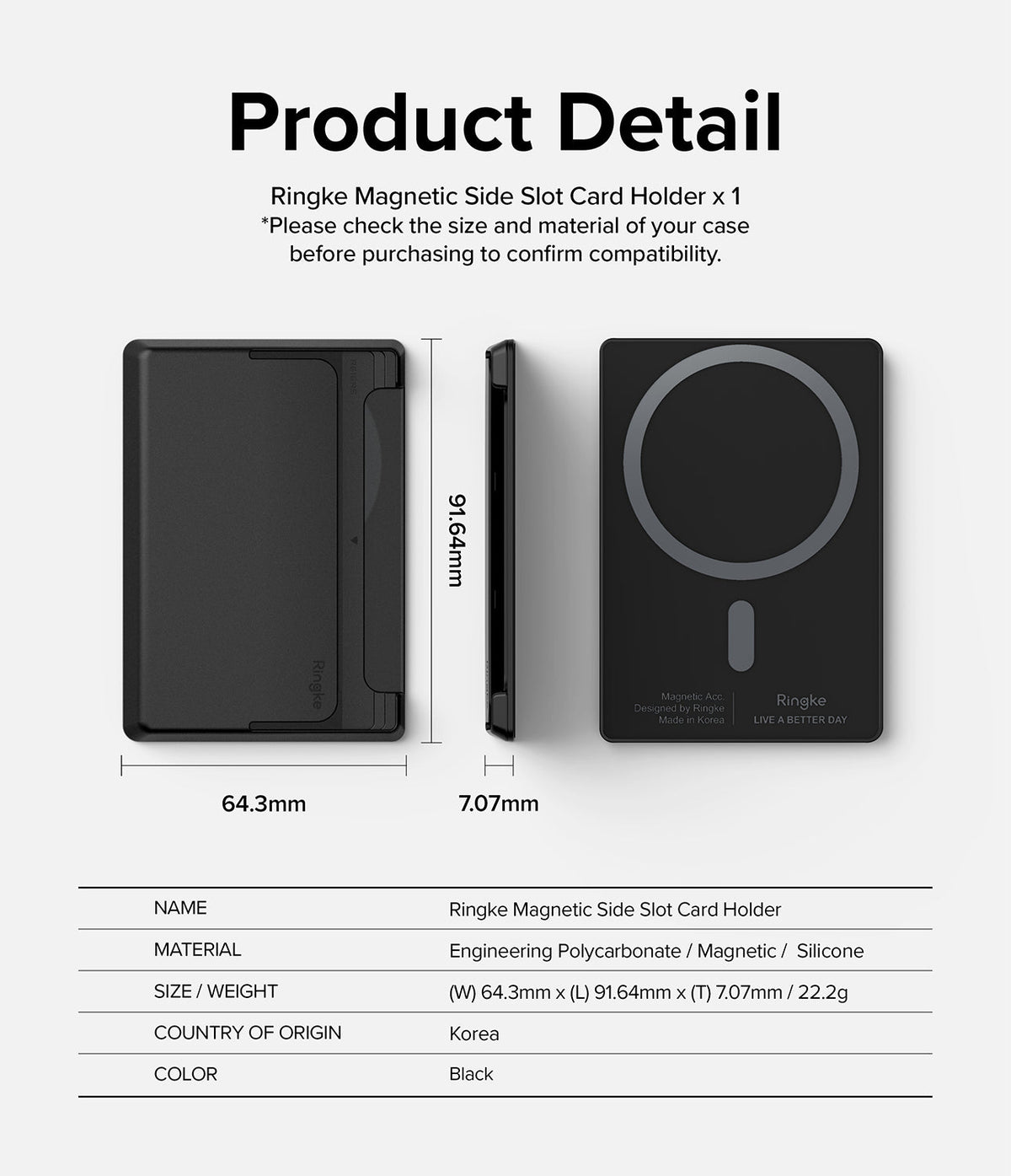 Card Holder | Magnetic Side Slot - Technical diagram showing dimensions, side profile, and specifications of the black magnetic card holder.