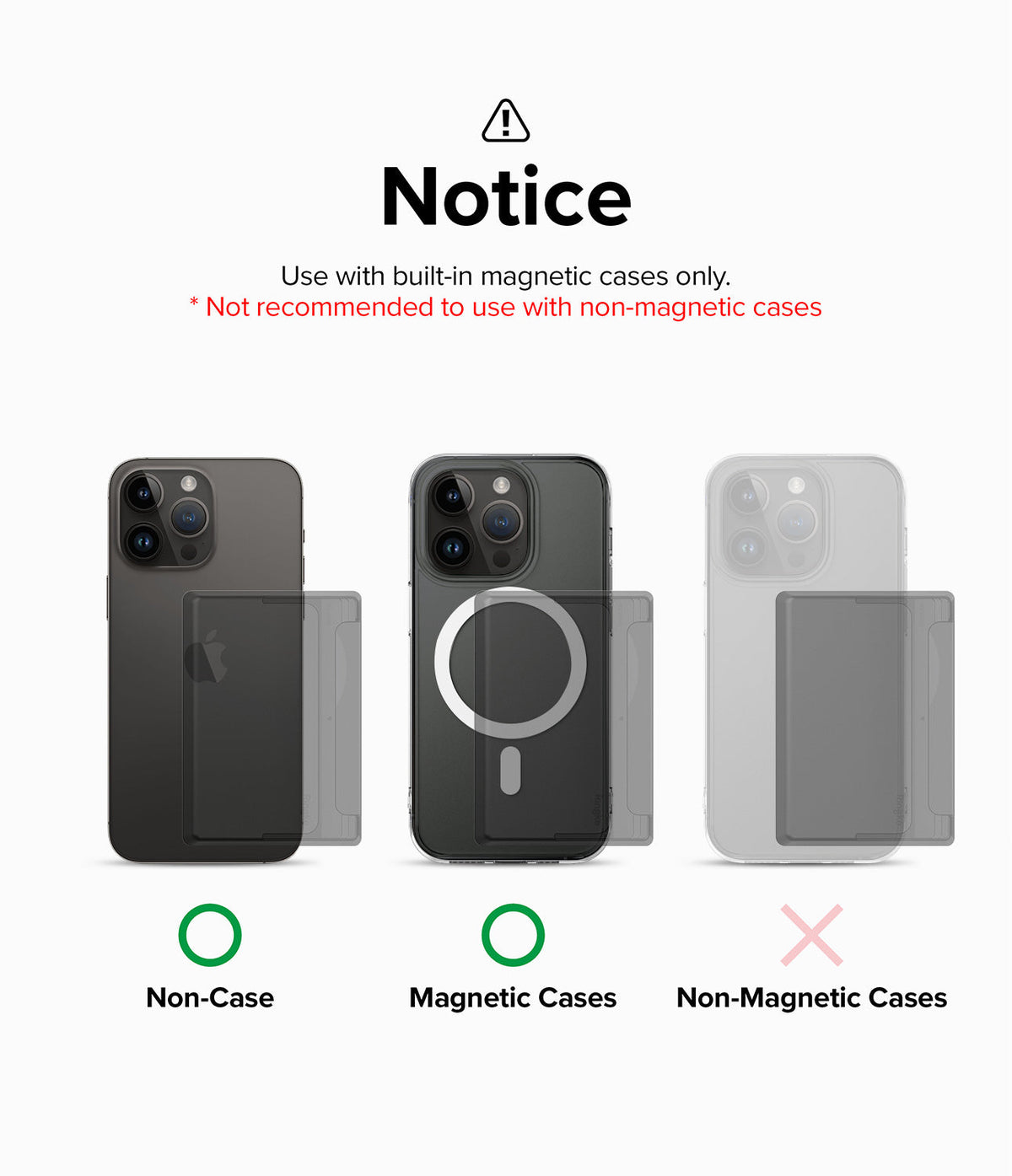 Card Holder | Magnetic Side Slot - Compatibility guide showing card holder usage on phones with and without magnetic cases.