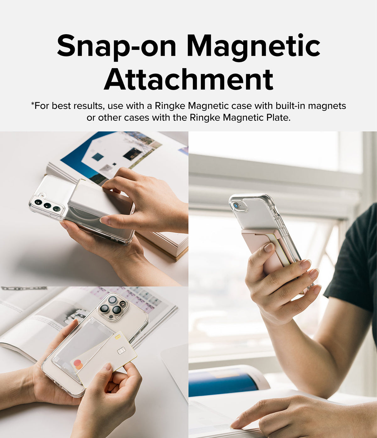 Card Holder | Magnetic Side Slot - Hands attaching and using a magnetic card holder on the back of a clear smartphone case.