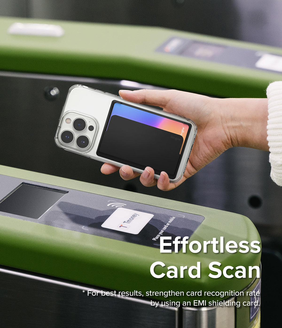 Card Holder | Magnetic Side Slot - Hand holding a phone with a magnetic card holder over a subway turnstile scanner.